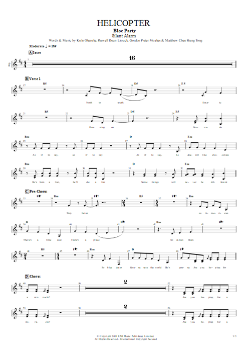 Helicopter Bloc Party guitar pro tab Vocals Guitarras y pista de acompañamiento mysongbook